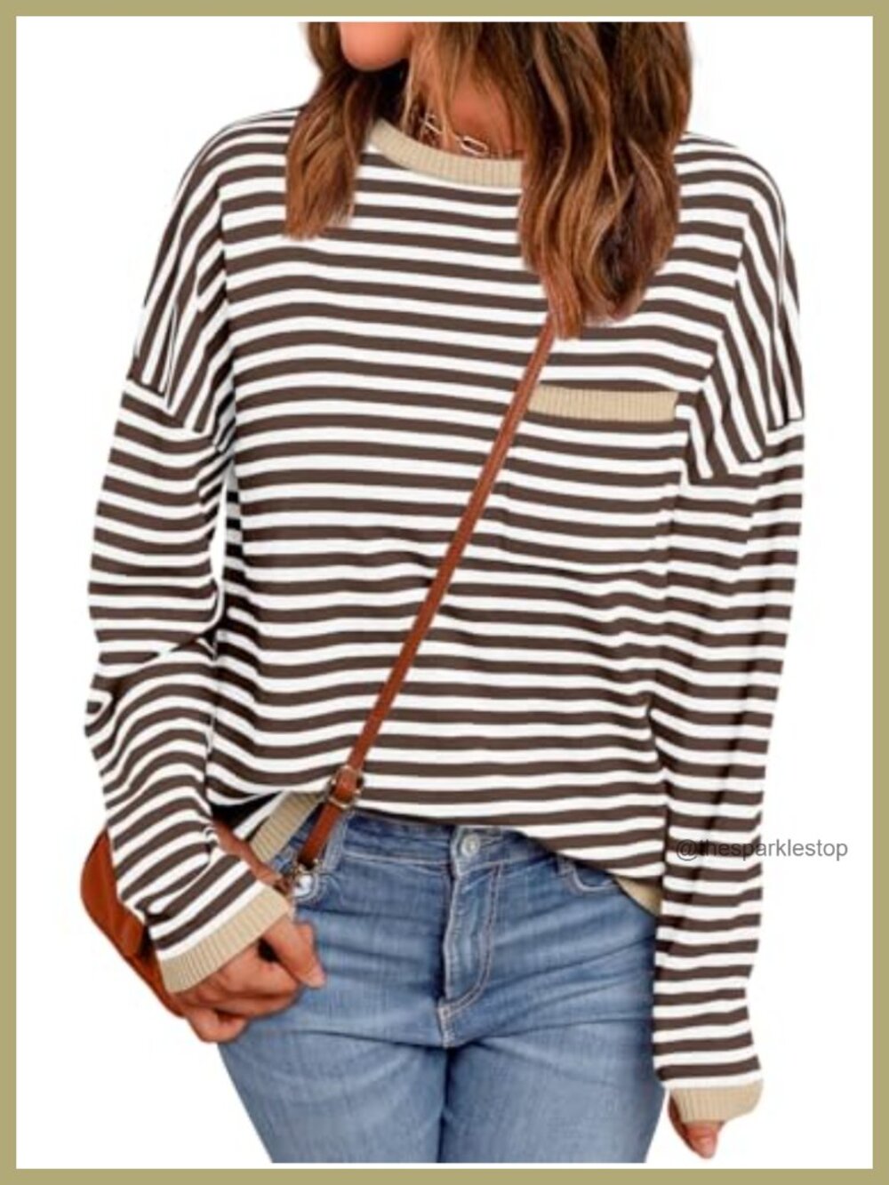 Oversized Striped Crewneck Sweater Relaxed Fit Pullover Chest Pocket